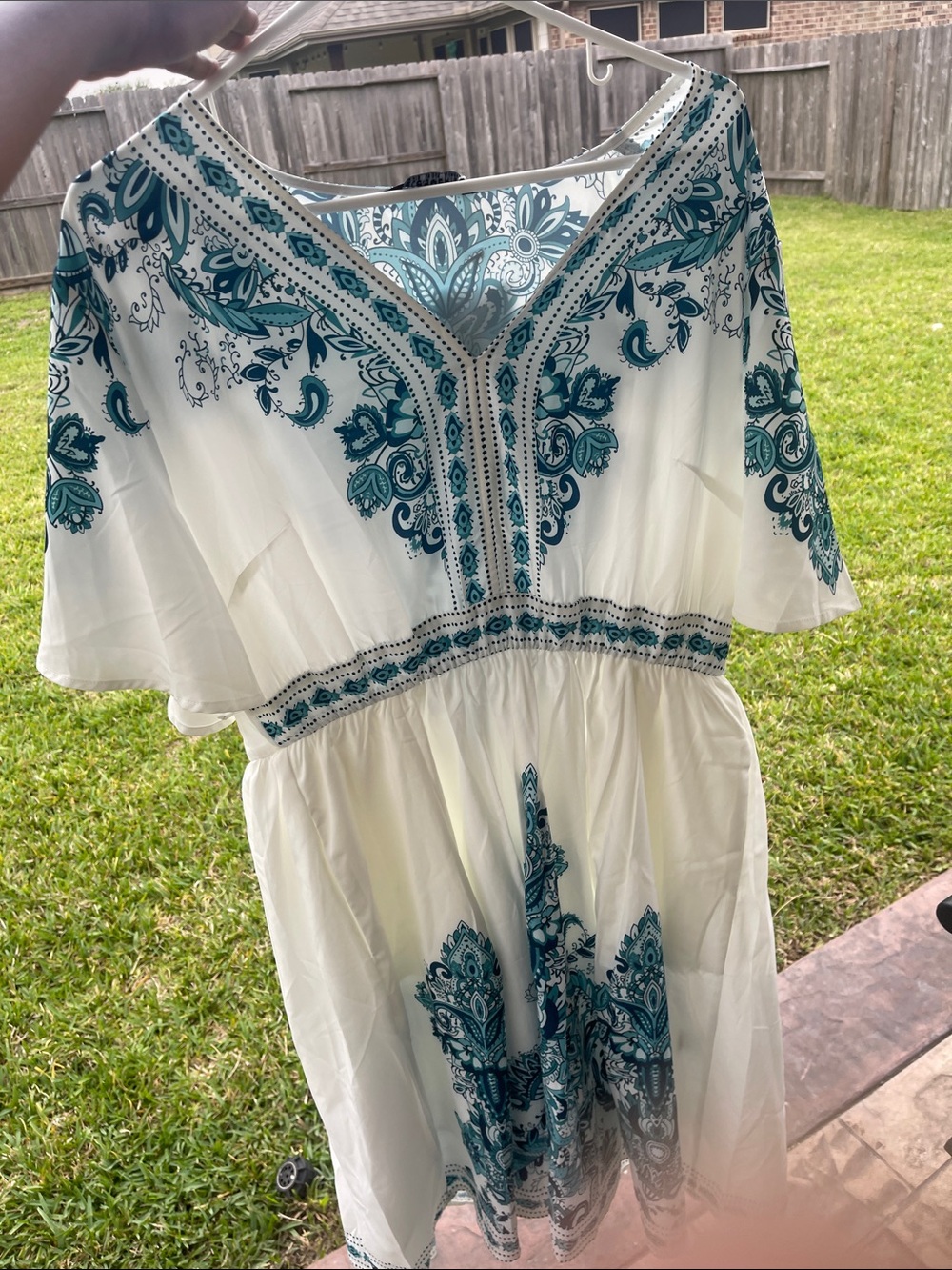 BloomChic White Midi Dress with Teal Paisley Print